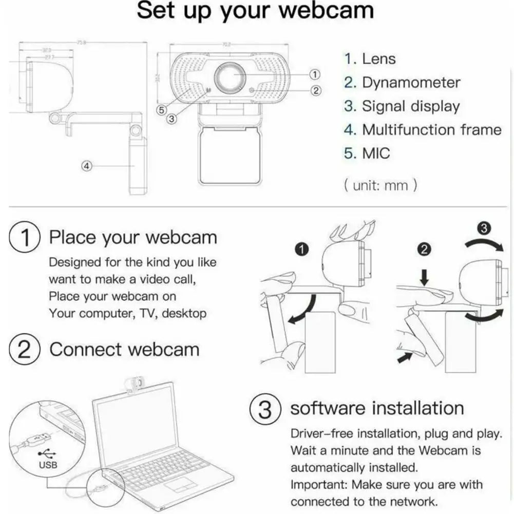 1080P HD USB Webcam with Microphone – Auto Focus, Plug & Play,