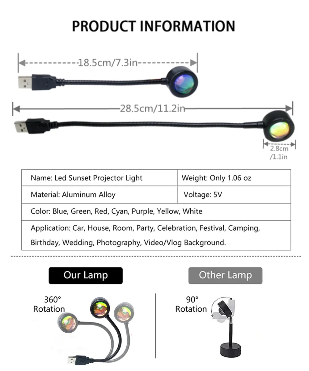 Sunset Lamp USB Powered Projector 7 Colors RGB Background Lights